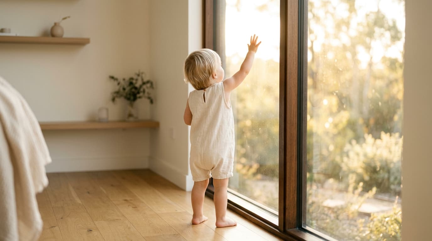 A small toddler reaching toward warm sunlight streaming through a window