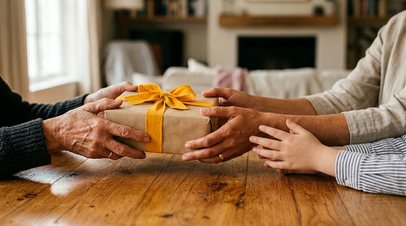 Two sets of hands — older and younger — passing a wrapped gift with a marigold ribbon