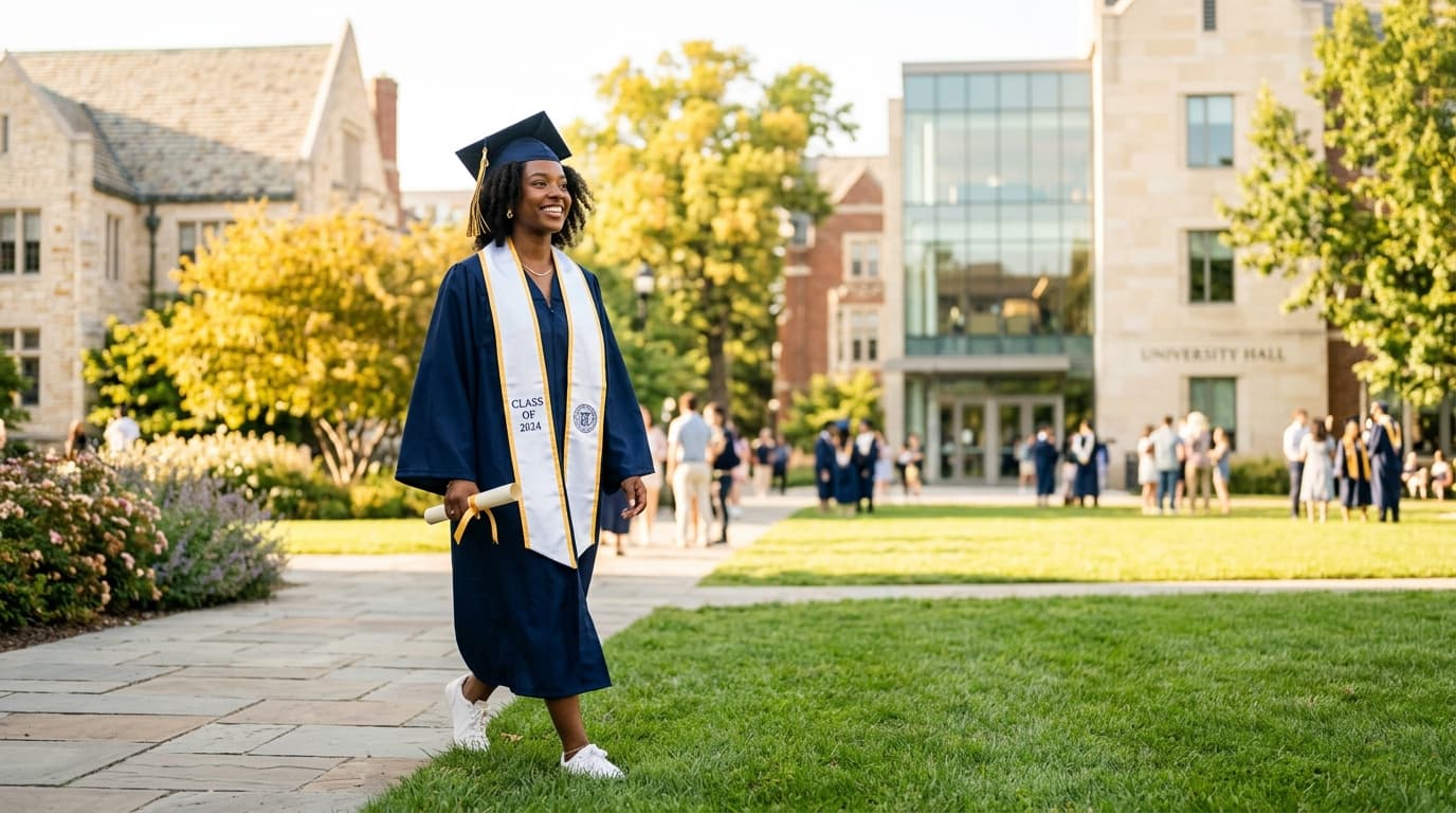 A young woman in cap and gown walking across a sunlit university quad