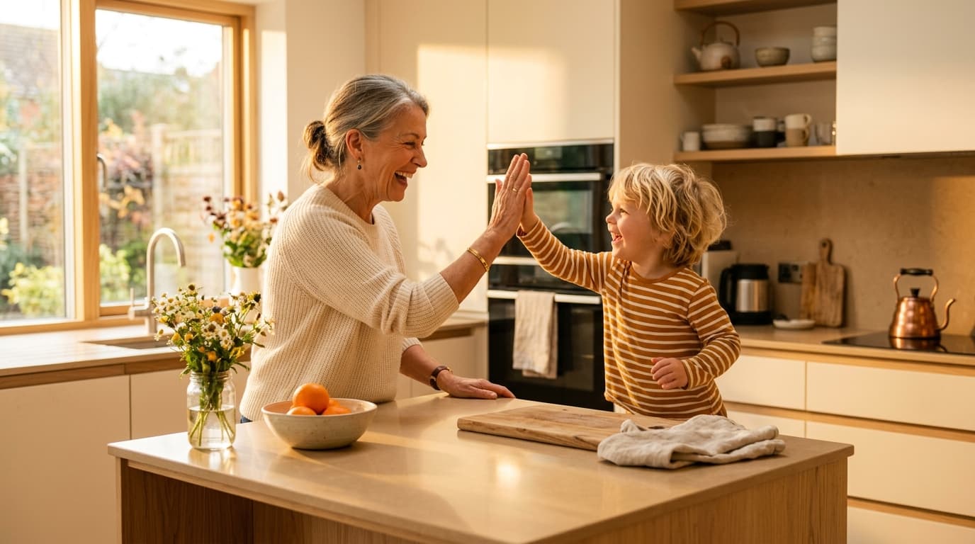 A grandmother high-fiving her young grandchild across a sunlit kitchen island